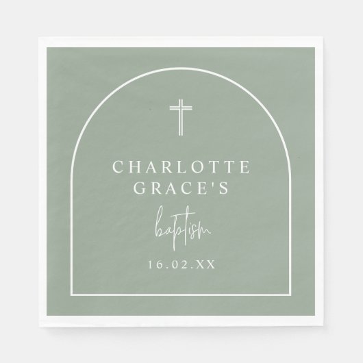 Sage Green Modern Arch Script Minimalistische Tauf Serviette (Vorderseite)