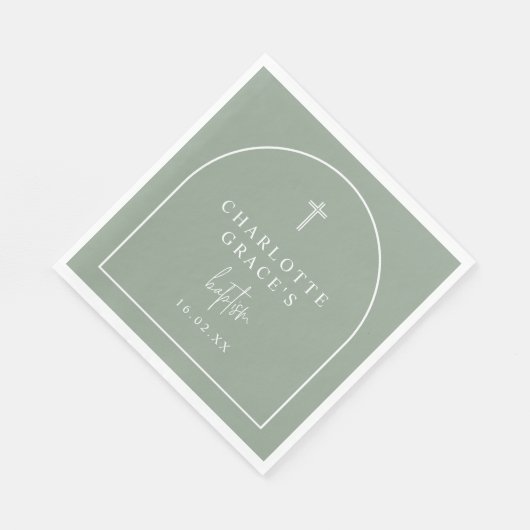 Sage Green Modern Arch Script Minimalistische Tauf Serviette (Ecke)