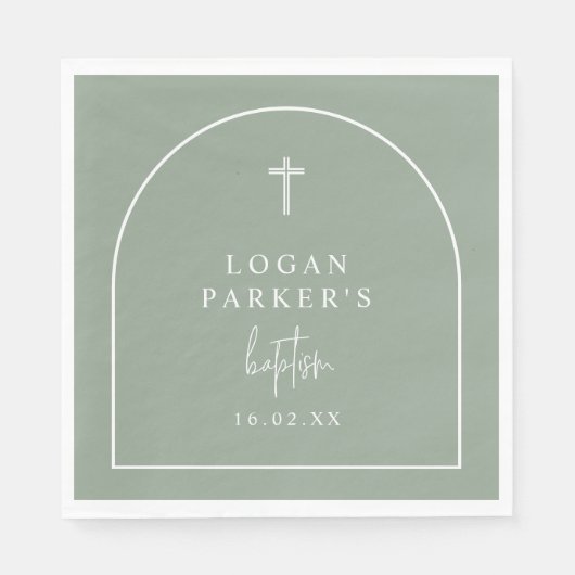 Sage Green Modern Arch Script Minimalistische Tauf Serviette (Vorderseite)