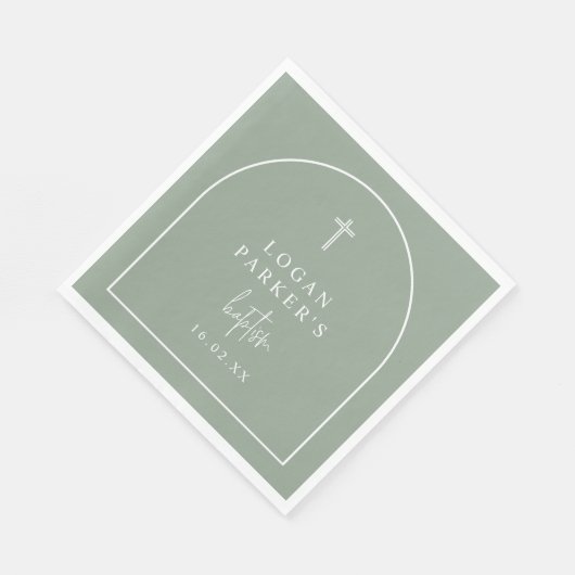 Sage Green Modern Arch Script Minimalistische Tauf Serviette (Ecke)