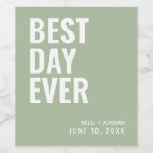 Sage Green Modern Best Day Ever Wedding Wine Label Weinetikett (Einzelnes Label)