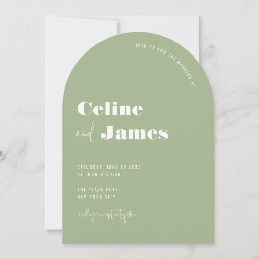 Sage Green Modern Big Names Wedding Arch Einladung (Vorderseite)