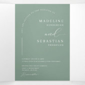 Sage Green Modern Boho Arch Foto QR Code Hochzeit Dreifach Gefaltete Einladung (Innenseite Mitte)