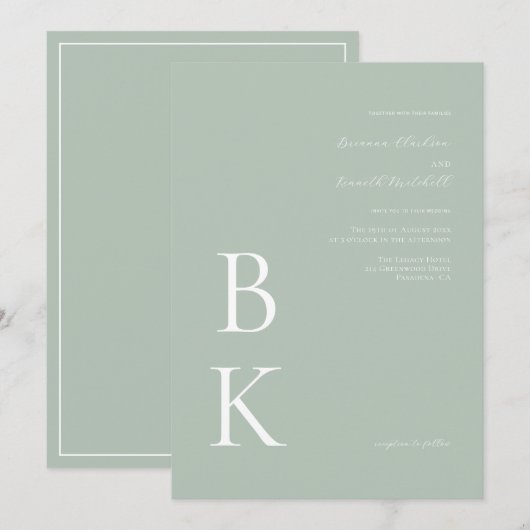 Sage Green Modern Bold Monogram Typografy Wedding Einladung (Vorne/Hinten)