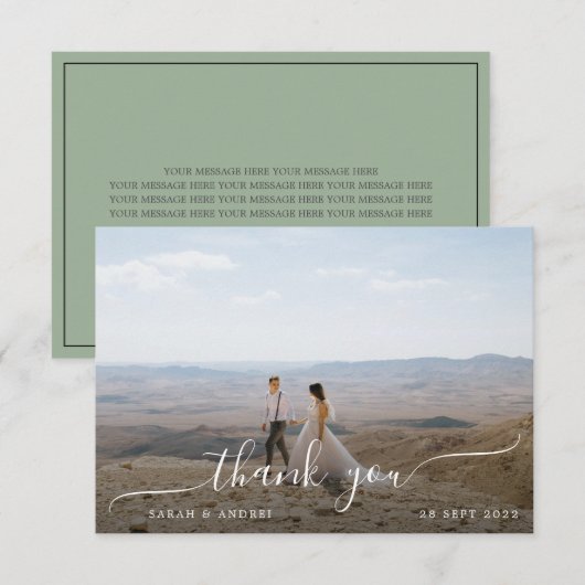 Sage Green Modern Border Foto Script Hochzeit Dankeskarte (Vorne/Hinten)