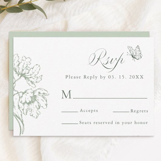 Sage Green Modern Classic Floral Wedding  RSVP Karte