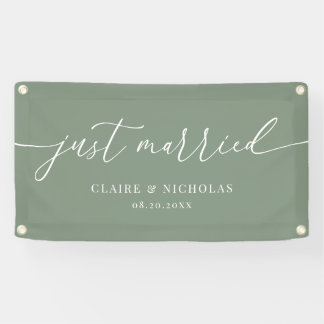 Sage Green Modern Elegant Just Married Wedding Car Banner