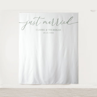 Sage Green Modern Elegant Just Married Wedding Wandteppich