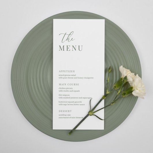 Sage Green Modern Elegante Wedding Empfang Menu Menükarte