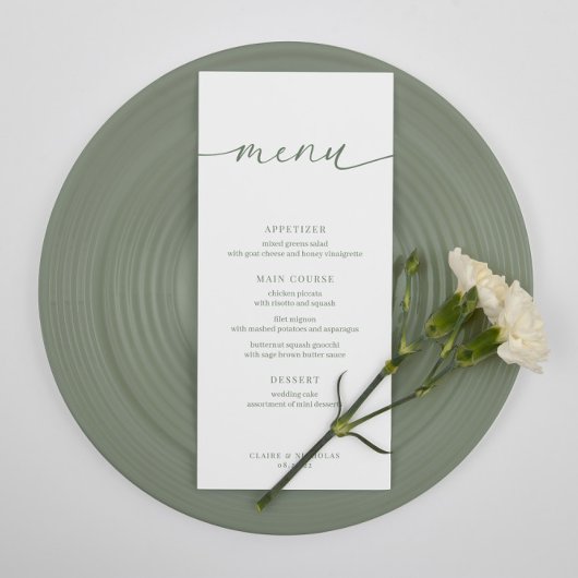 Sage Green Modern Elegante Wedding Empfang Menu Menükarte