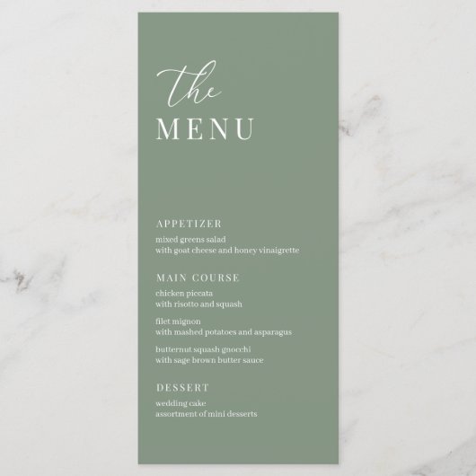 Sage Green Modern Elegante Wedding Empfang Menu Menükarte (Vorderseite)