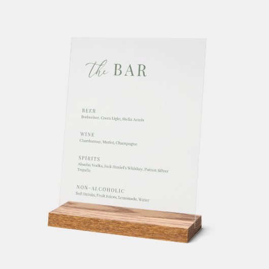 Sage Green Modern Elegante Wedding The Bar Menu Acrylschild (Winkel)