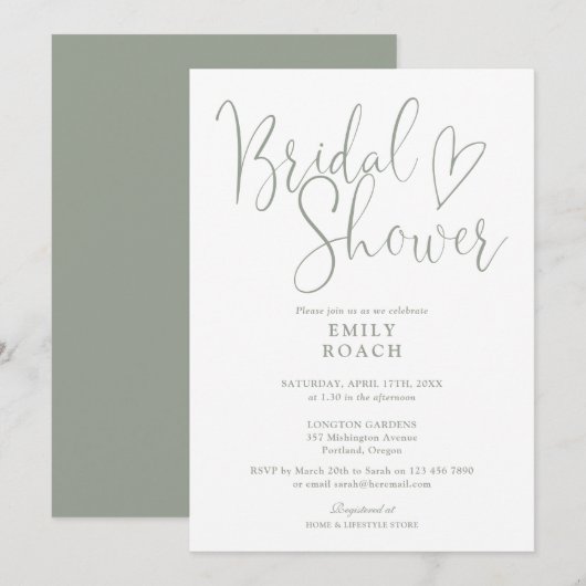 Sage Green Modern Elegantes Script-Brautparty Einladung (Vorne/Hinten)