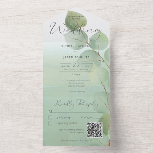 Sage Green Modern Eucalyptus QR-Code All In One Einladung (Innen Boden)