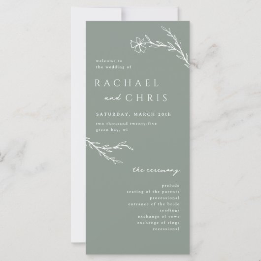 Sage Green Modern Floral Botanical Wedding Program (Vorderseite)