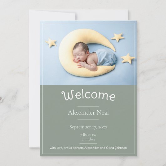 Sage Green Modern Foto Geburtsankündigung Ankündigung (Vorderseite)