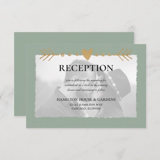 Sage Green Modern Foto Gold Hearts Empfang Begleitkarte (Vorne/Hinten)