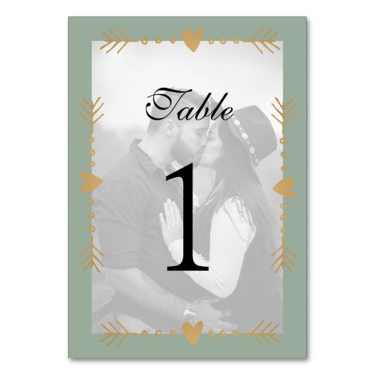 Sage Green Modern Foto Gold Herzen Tischnummer (Rückseite)