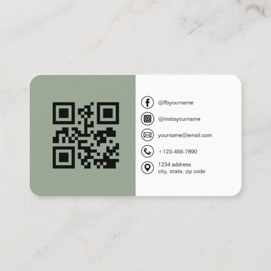 Sage Green Modern Foto mit QR Code Social Media Visitenkarte (Rückseite)