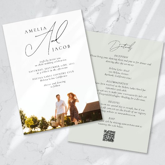 Sage Green Modern Foto QR Code Alles in einer Hoch Einladung