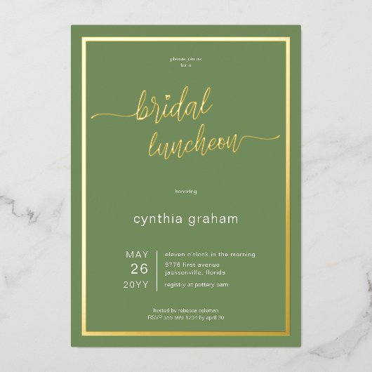 Sage Green Modern Minimal Bridal Luncheon Folieneinladung (Vorderseite)