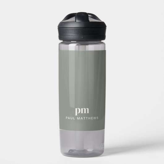 Sage Green Modern Minimal Custom Monogram und Name Trinkflasche (Vorderseite)
