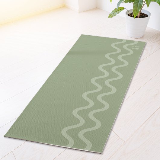 Sage Green Modern Minimal Wavy Lines And Initials Yogamatte