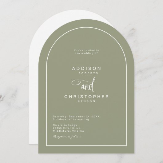 Sage Green Modern Minimalist Script Wedding Einladung (Vorne/Hinten)
