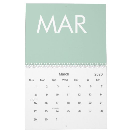 Sage Green Modern Minimalistisch Kalender (Mär 2026)