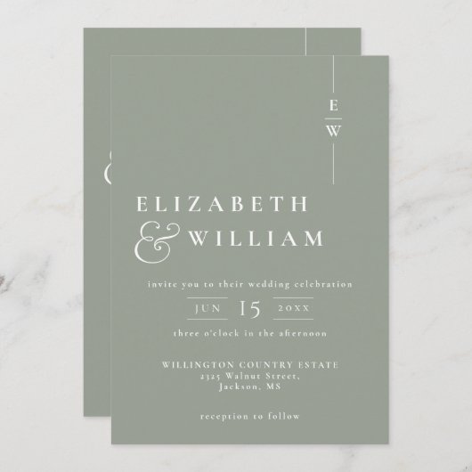Sage Green Modern Monogram Wedding QR Code Einladung (Vorne/Hinten)