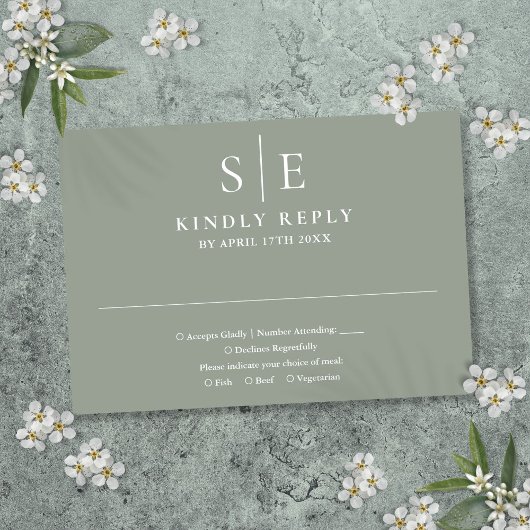 Sage Green Modern Monogram Wedding RSVP Karte