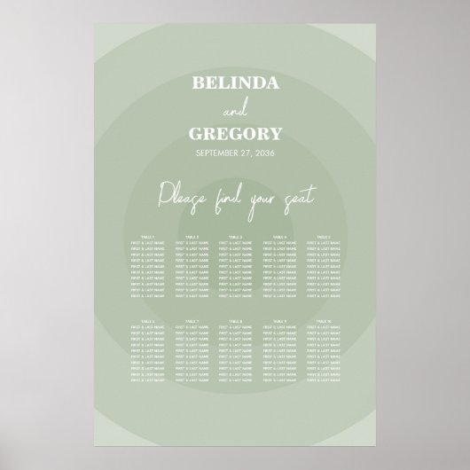 Sage Green Modern Monogram Wedding Seating Chart Poster (Vorne)