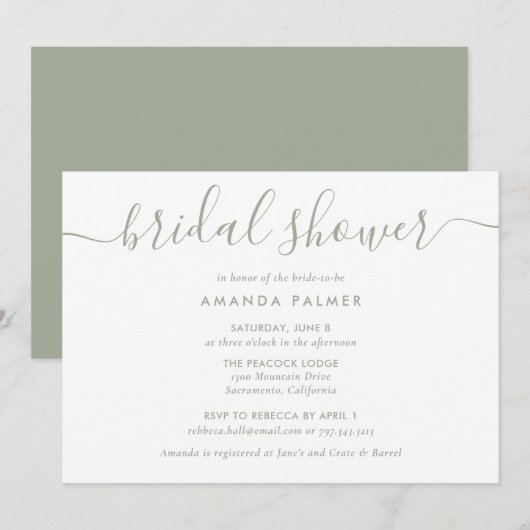 Sage Green Modern Script Brautparty Einladung (Vorne/Hinten)