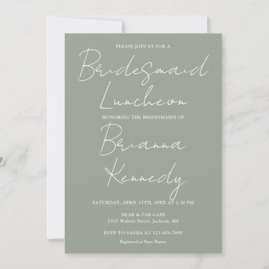 Sage Green Modern Script Bridesmaids Luncheon Einladung (Vorderseite)