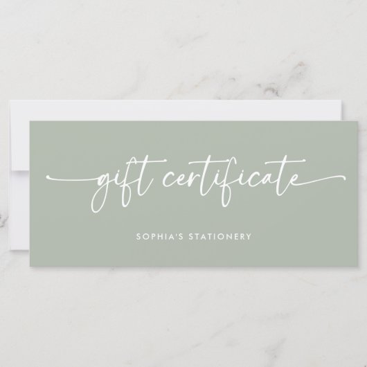 Sage Green Modern Script | Geschenkgutschein (Vorderseite)