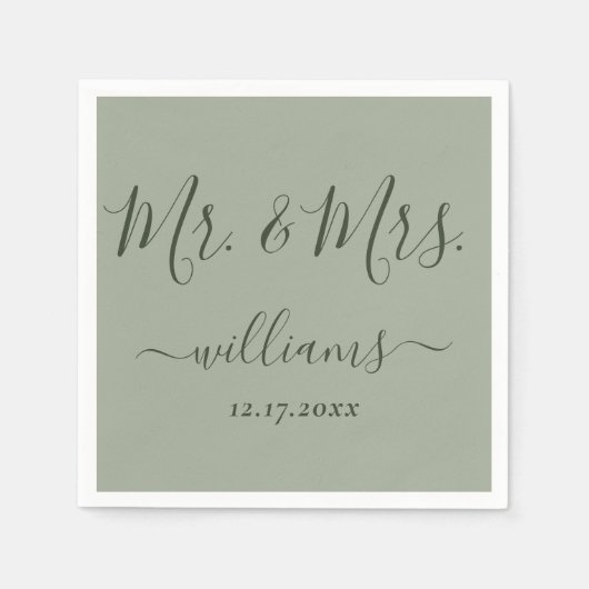 Sage Green Modern Script Mr. and Mrs Wedding Serviette (Vorderseite)
