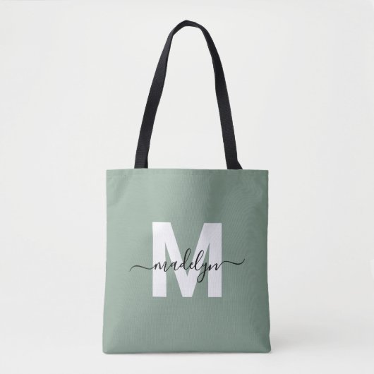 Sage Green Modern Script Name Monogram Tasche (Vorderseite)