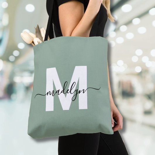 Sage Green Modern Script Name Monogram Tasche