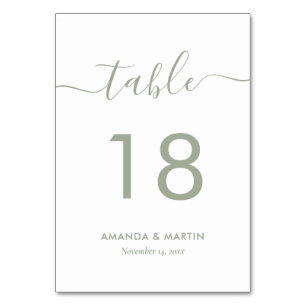Sage Green Modern Script-Tischnummer Tischnummer