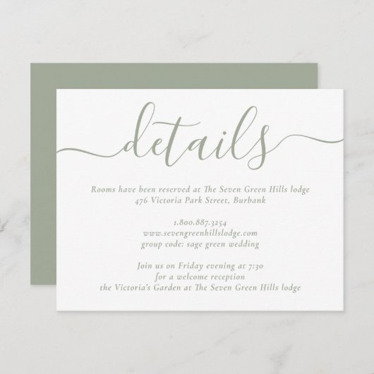 Sage Green Modern Script Wedding Card Begleitkarte (Vorne/Hinten)