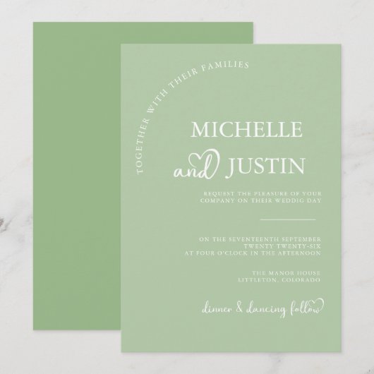 Sage Green Modern Simple Minimalistisch Wedding Einladung (Vorne/Hinten)