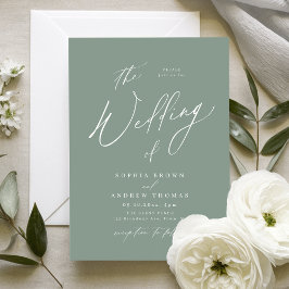 Sage Green moderne Drehbuch minimalistische Hochze Einladung