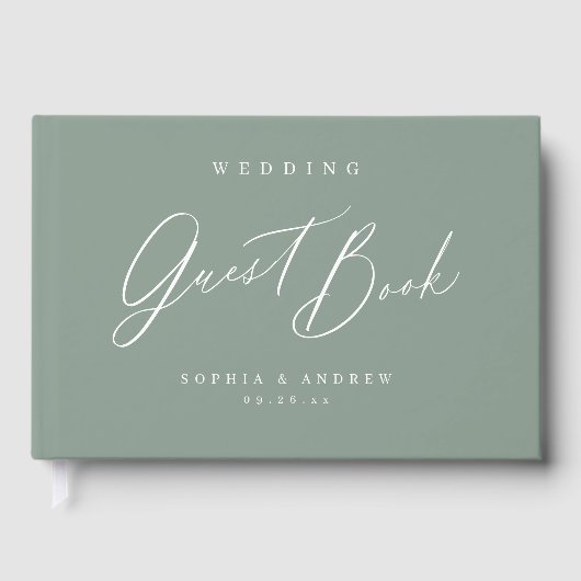 Sage Green moderne Drehbuch minimalistische Hochze Gästebuch (Vorderseite)