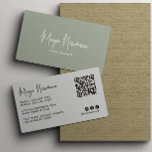 SAGE GREEN Moderne Elegante Minimal QR Code Creati Visitenkarte<br><div class="desc">Modernes, minimalistisches Design mit Visitenkarten und stilvollem AIRY SAGE GREEN Hintergrund mit Ihrem Namen oder Firmennamen in eleganter Schrift. Vollständig anpassbar, sodass Sie die Hintergrundfarbe, den Text und das Logo individuell an Ihre Markenidentität anpassen können. Das doppelseitige Layout beinhaltet Platz für Ihre vollständigen Kontaktinformationen, einen QR-Code für den schnellen Zugriff...</div>