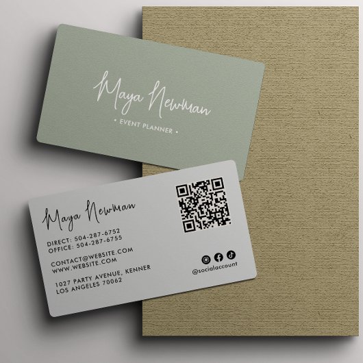 SAGE GREEN Moderne Elegante Minimal QR Code Creati Visitenkarte