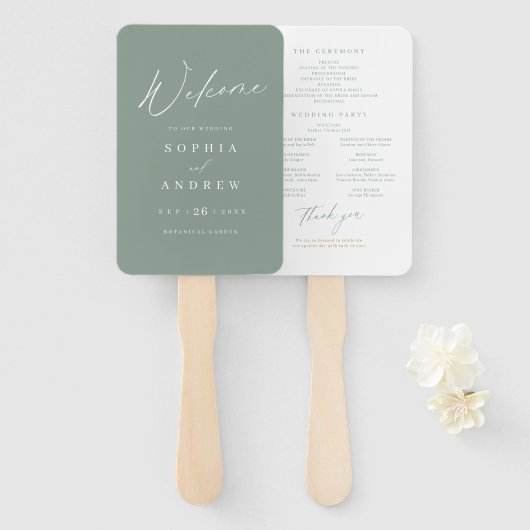 Sage Green moderne Skripte minimale Hochzeitsprogr Fächer (Vorne und Hinten)