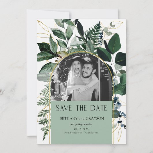 Sage Green Moderner QR-Code Botanisches Foto Save The Date (Vorderseite)