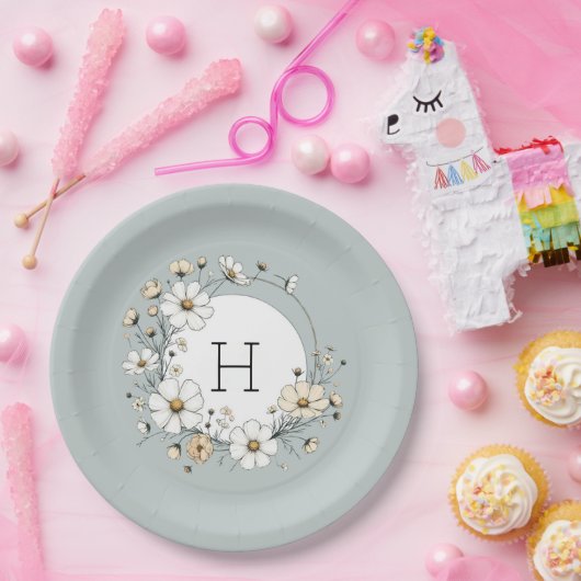 Sage Green Monogram Boho Blume Personalisiert Pappteller (Party)