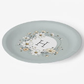 Sage Green Monogram Boho Blume Personalisiert Pappteller (Schrägansicht)