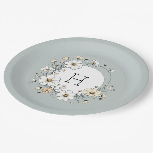 Sage Green Monogram Boho Blume Personalisiert Pappteller (Schrägansicht)